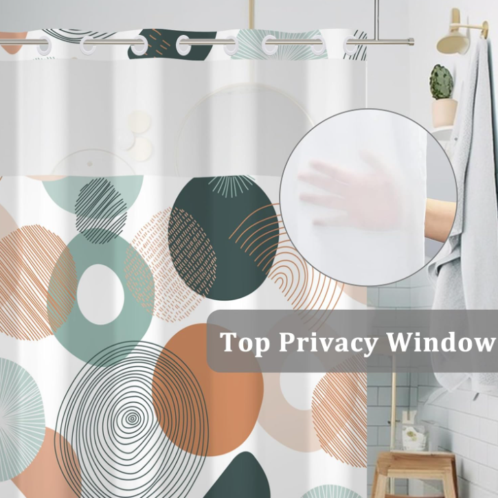 Abstract Geometric Circle Pattern Hookless Shower Curtain – Modern Minimalist Waterproof Bathroom Curtain - Image 2