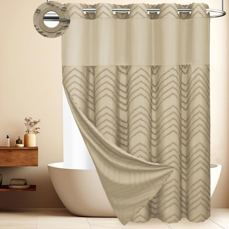 Khaki Textured Wave Jacquard Hookless Shower Curtain