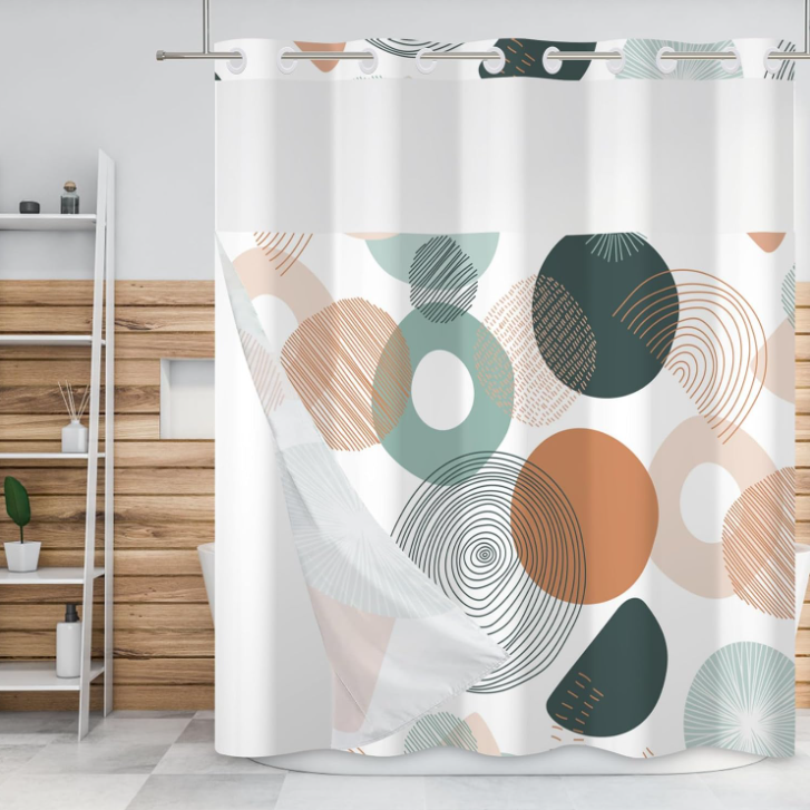 Abstract Geometric Circle Pattern Hookless Shower Curtain – Modern Minimalist Waterproof Bathroom Curtain