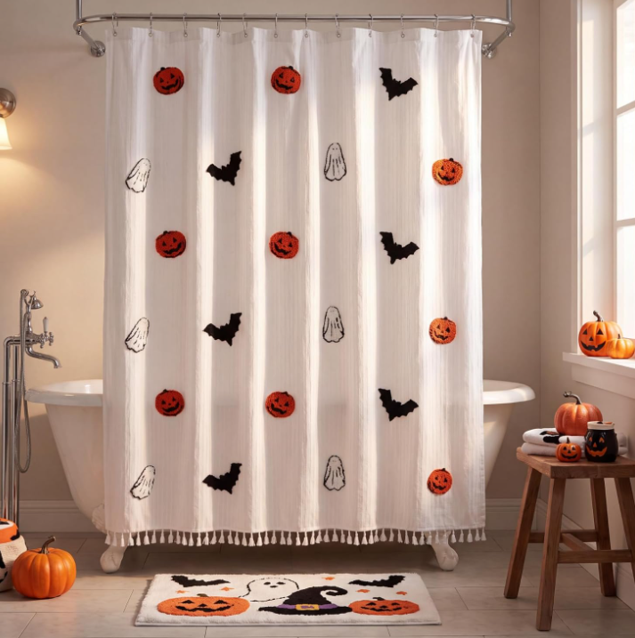 Pumpkin & Bat Embroidered Tassel Shower Curtain - Image 2