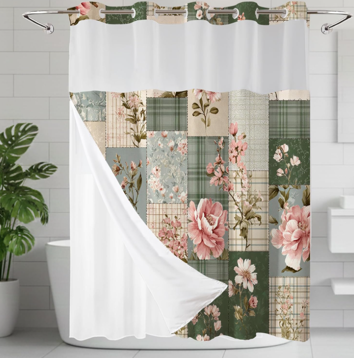 Vintage Patchwork Floral Hookless Shower Curtain - Image 2