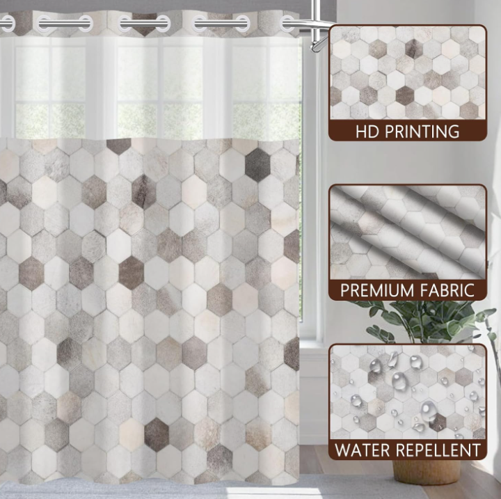 Hexagonal Stone-Pattern Geometric Hookless Shower Curtain - Image 2