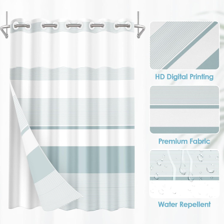 Light Blue Horizontal Stripe Color-Block Hookless Shower Curtain - Image 2