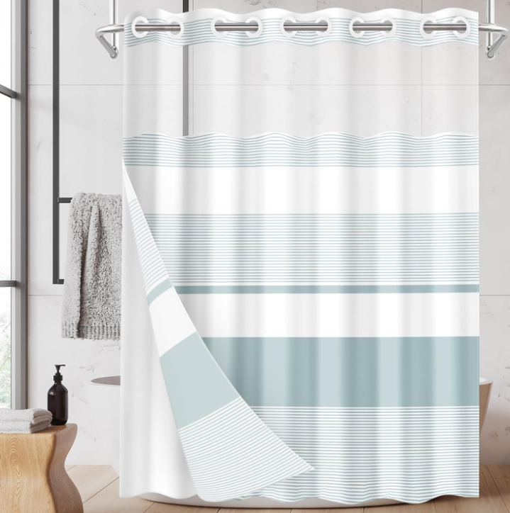 Light Blue Horizontal Stripe Color-Block Hookless Shower Curtain