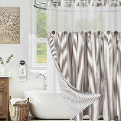 Brown & White Vertical Stripe Button-Detail Hookless Shower Curtain