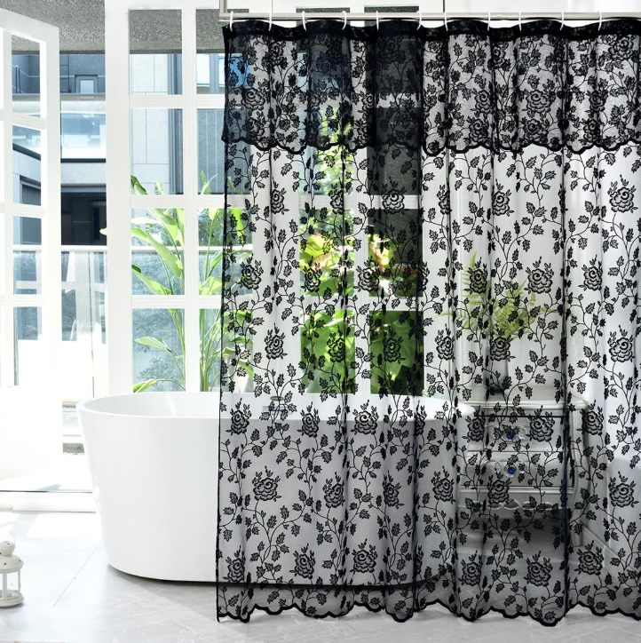 Black Floral Lace Hook-Free Shower Curtain