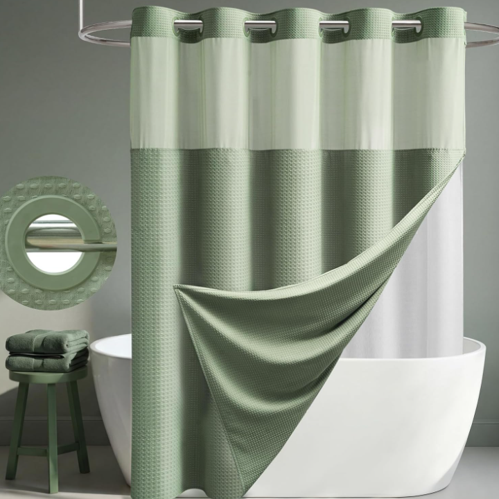 Sage Green Waffle-Weave Hookless Shower Curtain - Image 2