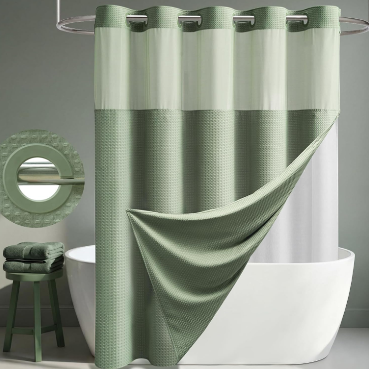 Sage Green Waffle-Weave Hookless Shower Curtain