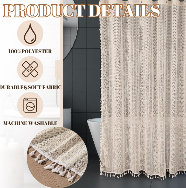 Off-White Lace & Tassel Shower Curtain (Hook-Free) - Image 2