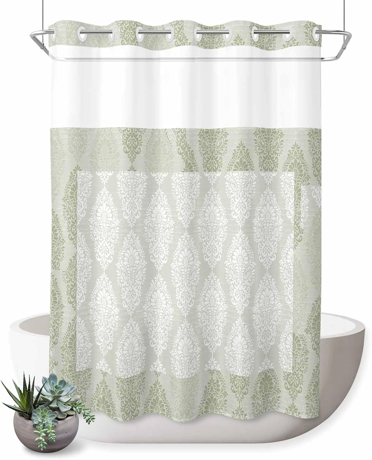 Green Lace-Style Hookless Shower Curtain