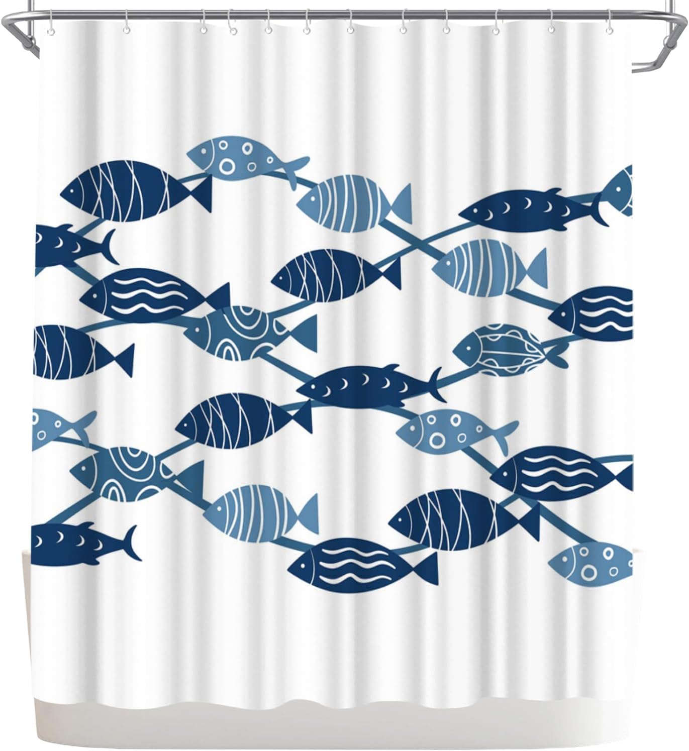 Fish-Patterned Shower Curtain – Blue & White Nautical-Style Bathroom Decor