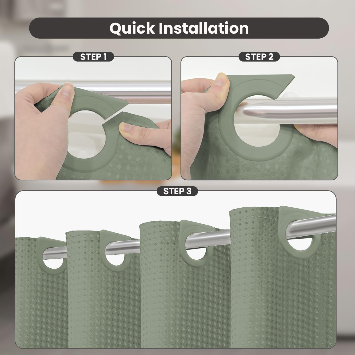 Hookless Shower Curtain with Detachable Snap-In Liner – Waffle-Weave Polyester - Image 2