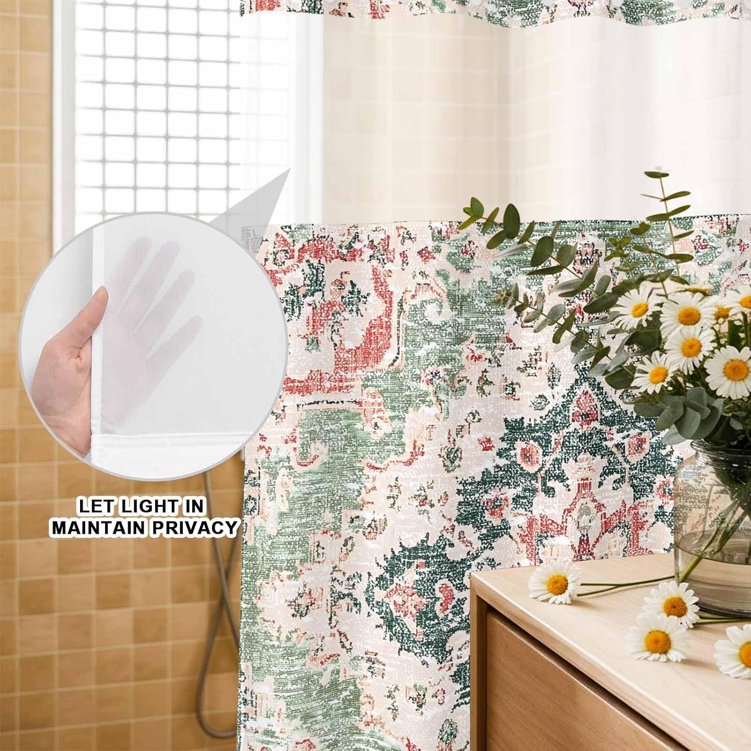 Hookless Shower Curtain – Vintage Abstract Floral Print, Waterproof - Image 2