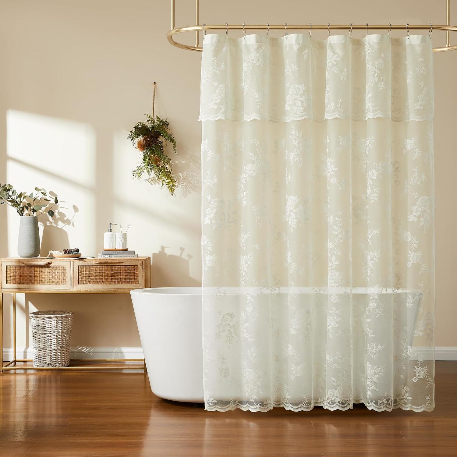 Off-White Cut-Out Lace & Tassel Hook-Free Shower Curtain – Vintage Pastoral Waterproof Bathroom Curtain - Image 2