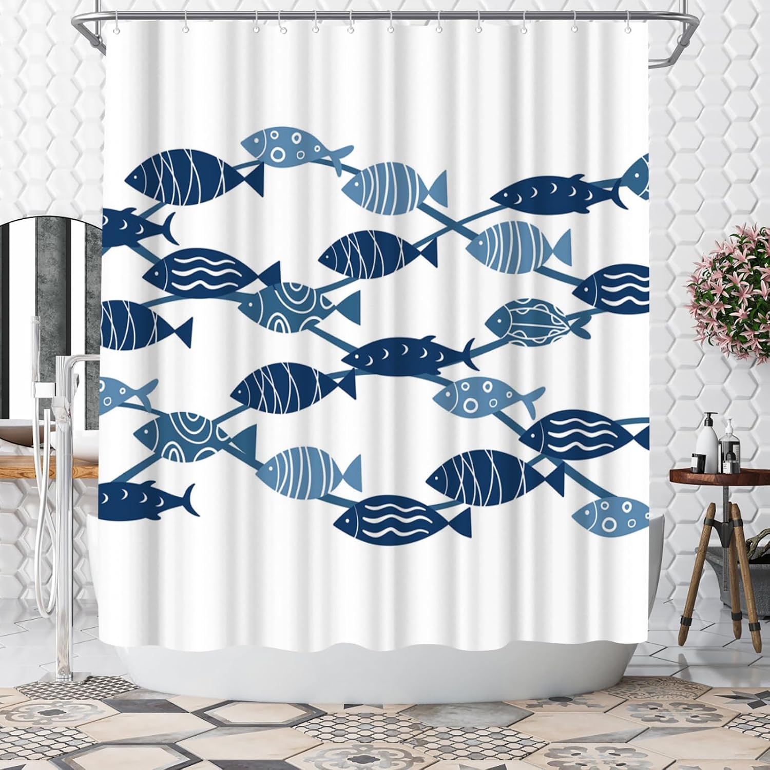 Fish-Patterned Shower Curtain – Blue & White Nautical-Style Bathroom Decor - Image 2