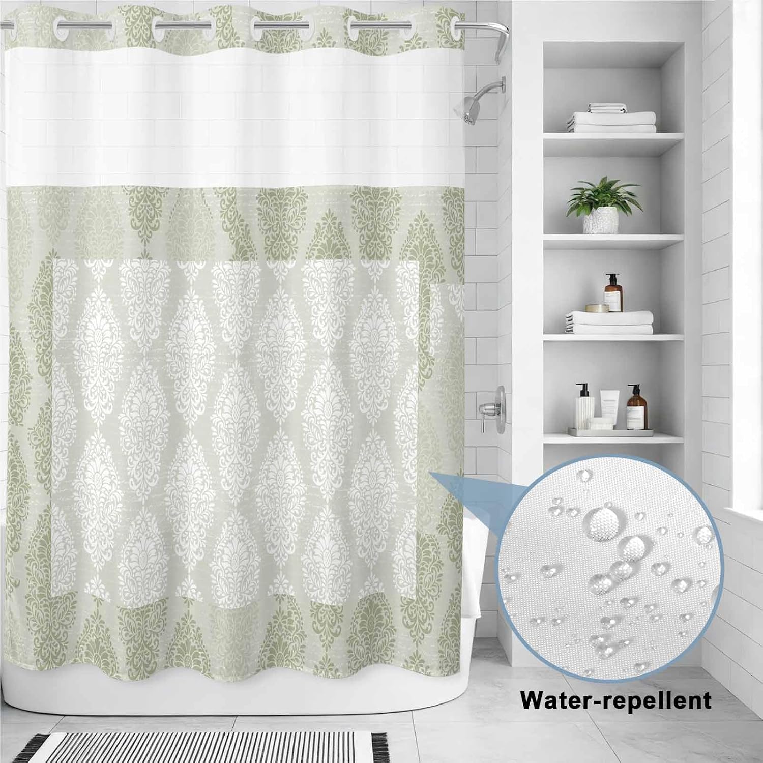 Green Lace-Style Hookless Shower Curtain - Image 2