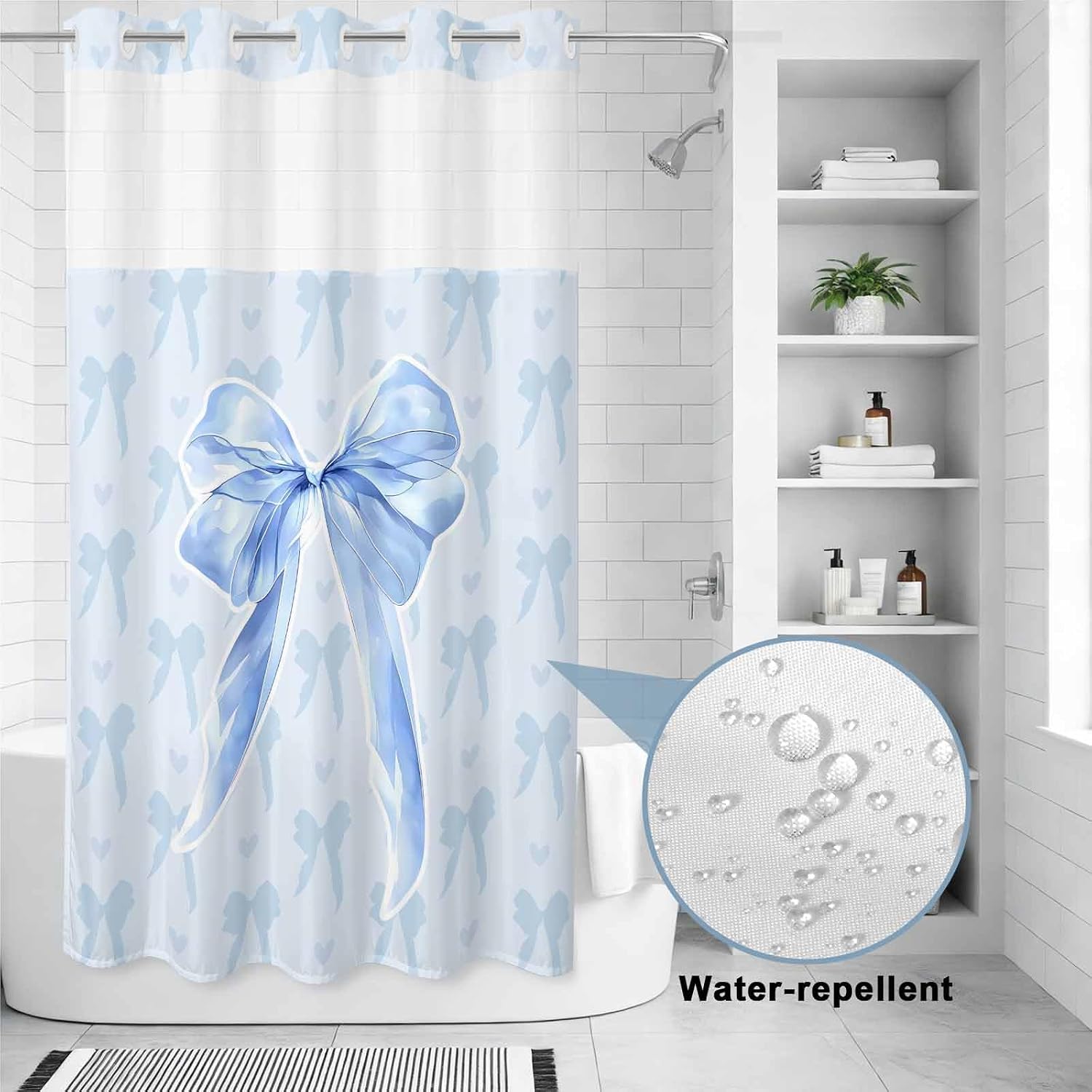 Blue Bow-Print Hookless Shower Curtain - Image 2