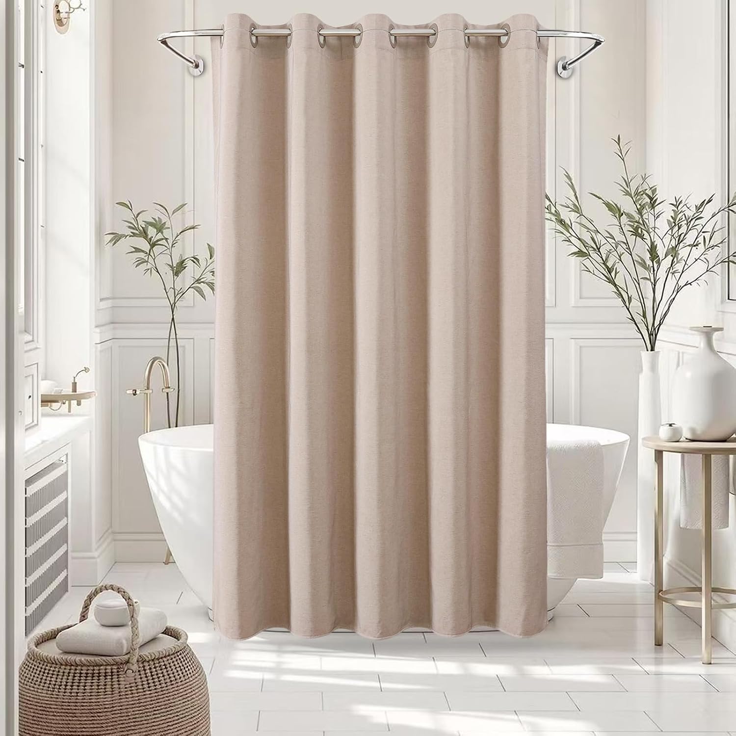 Hookless Faux-Linen Shower Curtain – Heavyweight Waterproof Fabric – Easy-Install Open-Slot Design - Image 2