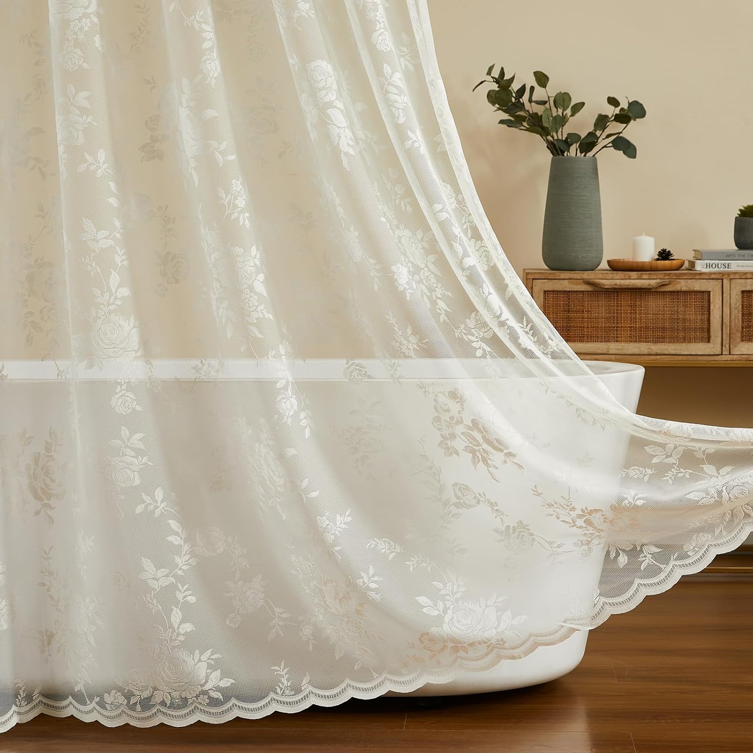 Off-White Cut-Out Lace & Tassel Hook-Free Shower Curtain – Vintage Pastoral Waterproof Bathroom Curtain