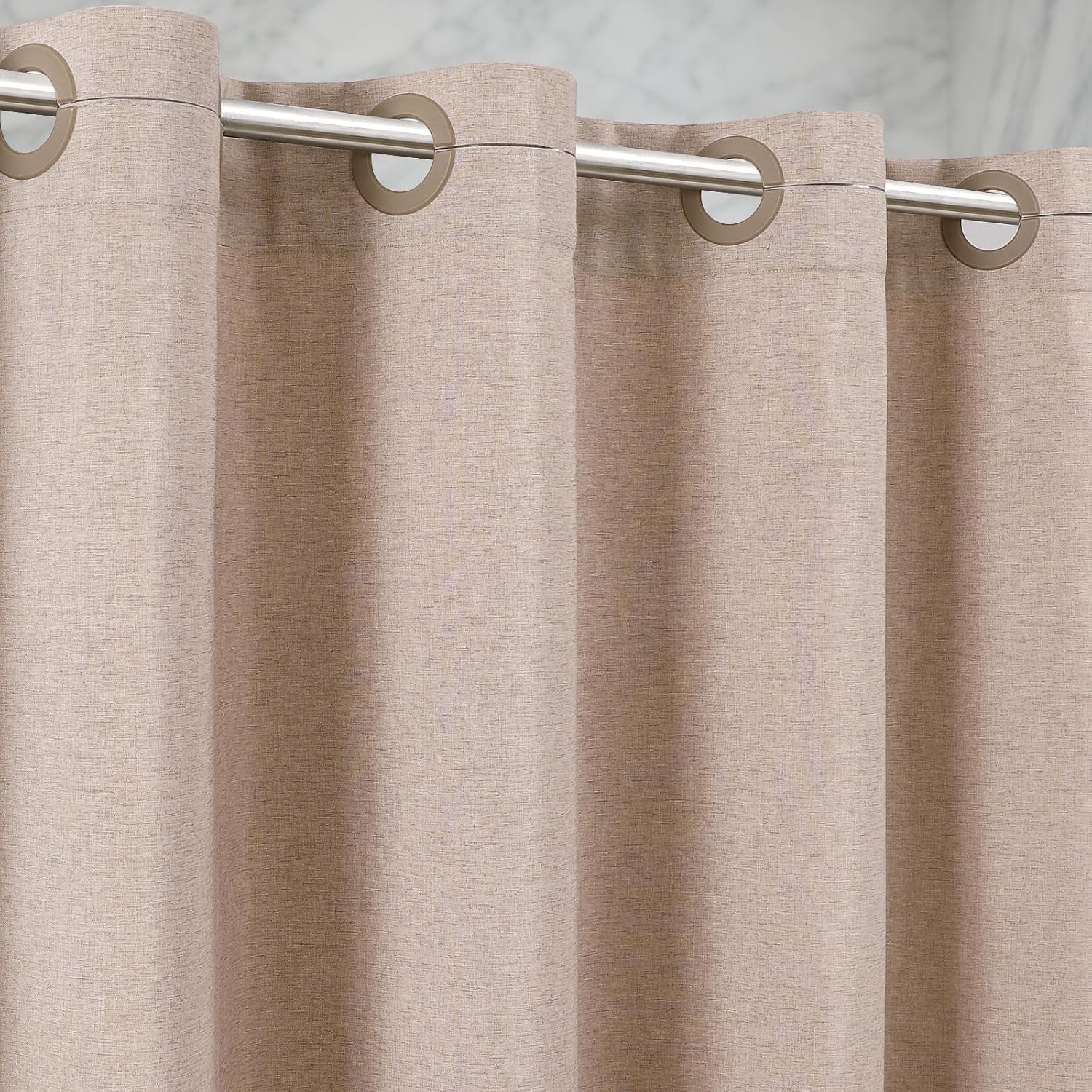 Hookless Faux-Linen Shower Curtain – Heavyweight Waterproof Fabric – Easy-Install Open-Slot Design