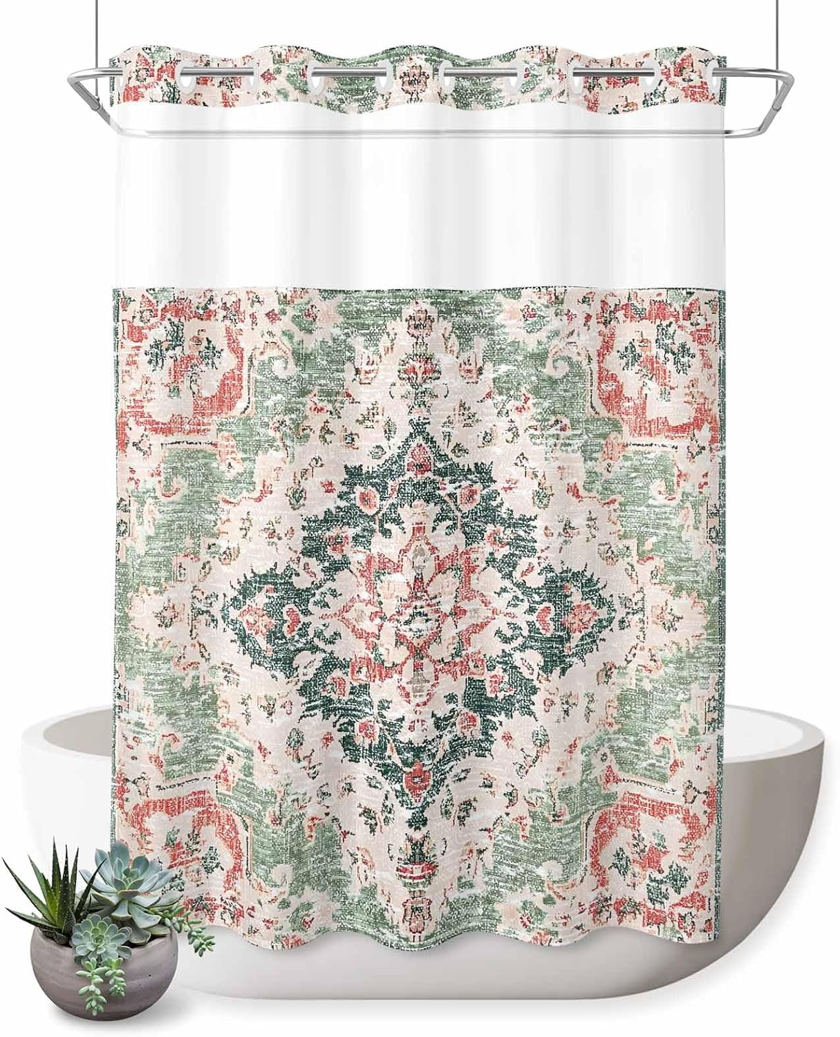 Hookless Shower Curtain – Vintage Abstract Floral Print, Waterproof