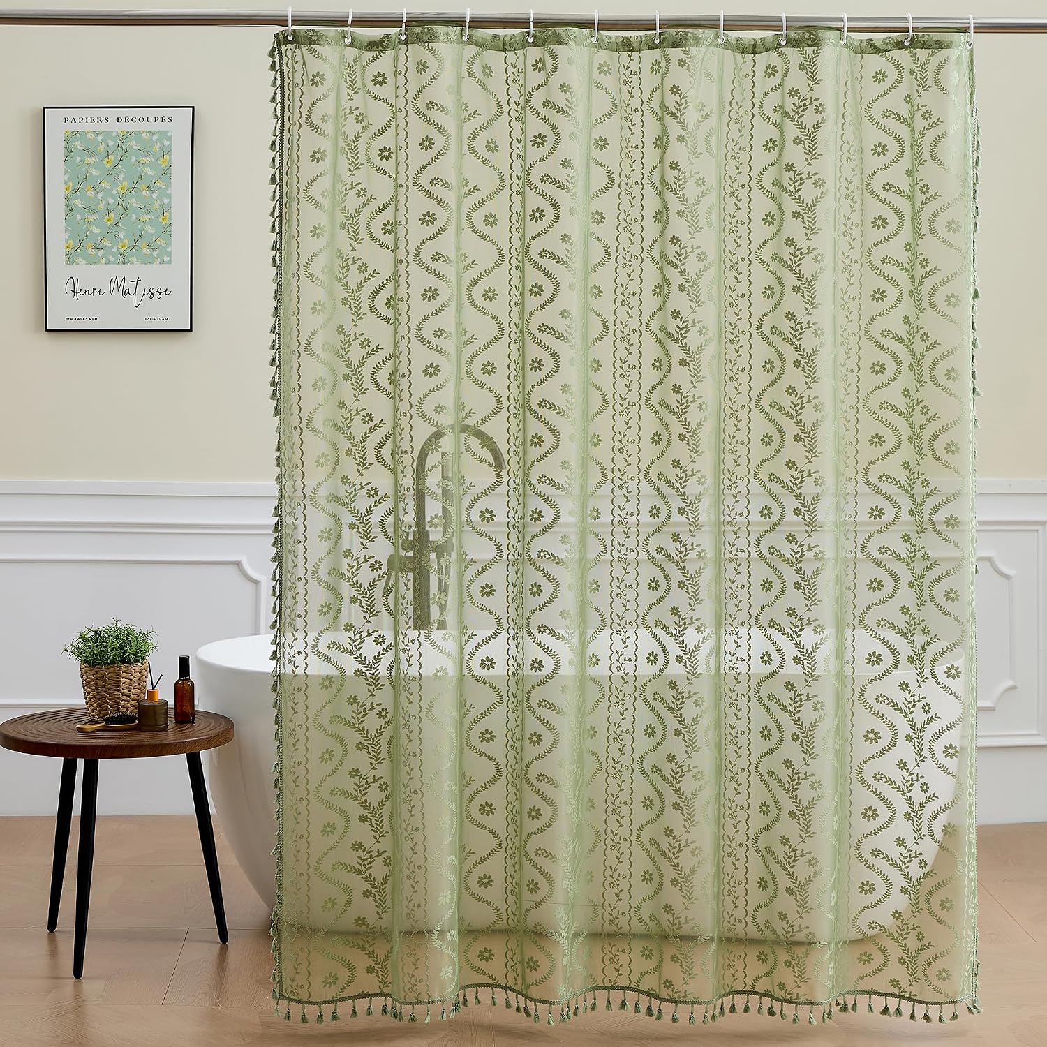 Black Floral Lace Hook-Free Shower Curtain – Vintage Semi-Sheer Waterproof Partition